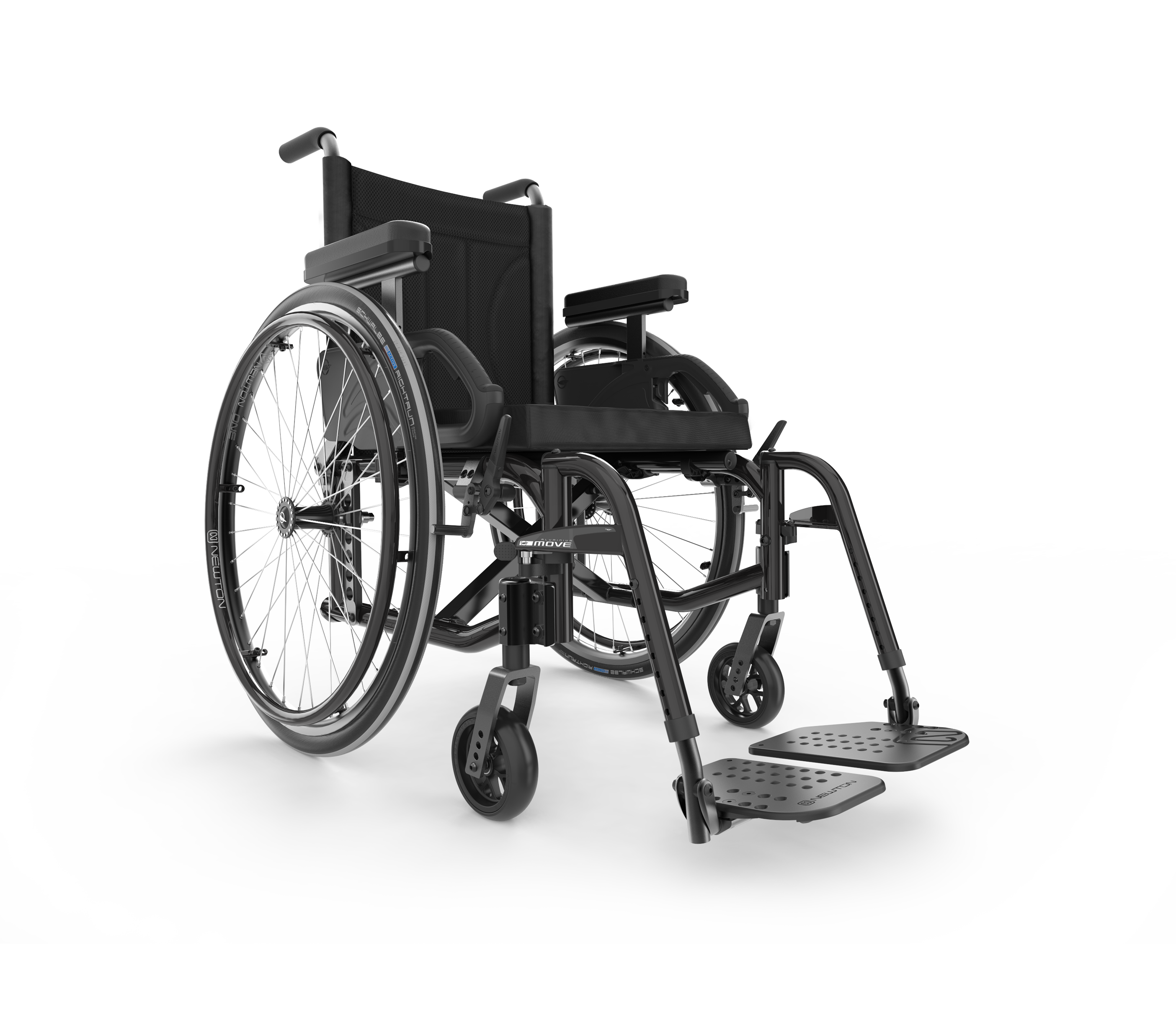A black Move manual wheelchair sits at an angle. It has a padded backrest, spoke handrims & footrests.