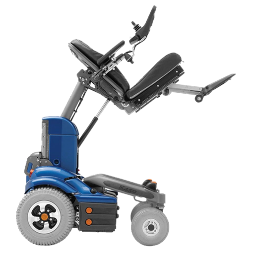 The Permobil K450 MX pediatric power wheelchair with the seat raised up and tilted back