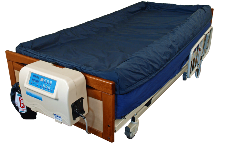 The Quart Elite Turn Low Air Loss Air Mattress is shown on a hospital bed, attached to its air pump