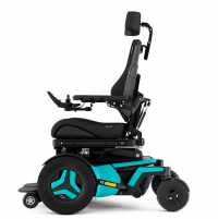 The Corpus F5 power chair with light blue accents is shown from the side. It has black rehab seating including a headrest. thumbnail