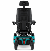 The Corpus F5 power chair is shown from the rear. It has light blue accents and black rehab seating, including a headrest. thumbnail