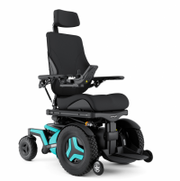 The F5 Corpus power chair with light blue accents is shown at an angle. It has black rehab seating including a headrest. thumbnail