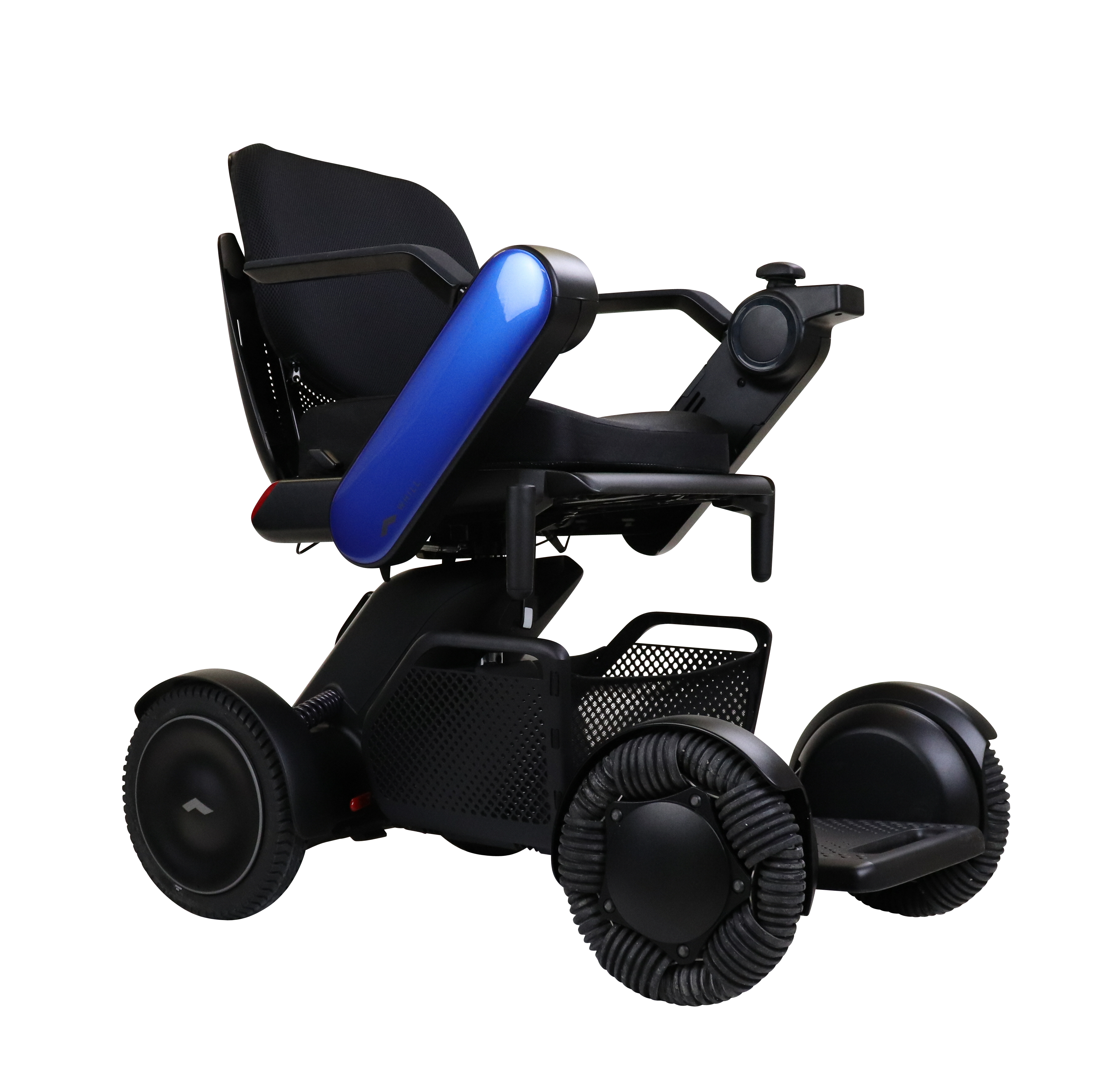 The WHILL C2 power chair is shown at an angle, with a blue accent colour on the armrest